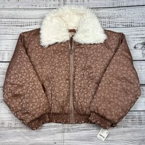 NWT Free People Puffer Jacket Crafted Floral Faux Fur Collar Bomber Sz Large